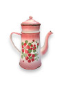 Old coffee maker in pink and white enamelled sheet metal with floral decoration