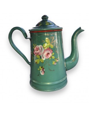 Old small coffee maker in green enamelled sheet metal with embossed floral decoration