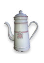 Ancienne cafetière en tôle émaillée blanche et rose