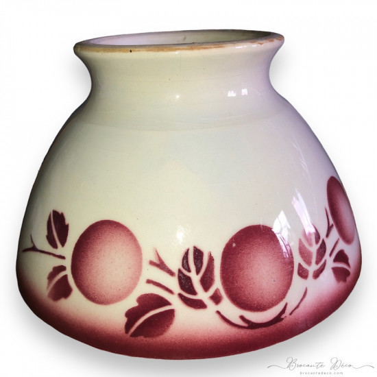 Old bowl with apple decor, burgundy red color