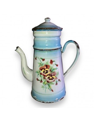 Old enameled sheet metal coffee maker decorated with pansies