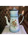 Old enameled sheet metal coffee maker decorated with pansies