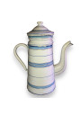 Ancienne cafetière en tôle émaillée à rayures bleues et dorées