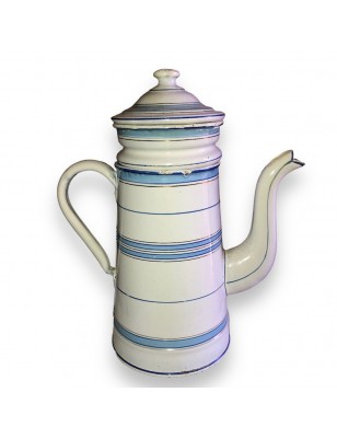 Old coffee maker in enameled sheet metal with blue and gold stripes