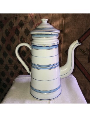Old coffee maker in enameled sheet metal with blue and gold stripes