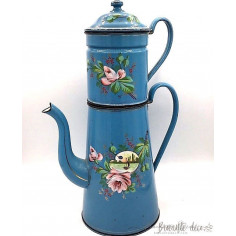 Large blue enamelled coffeepot with boat and roses decor