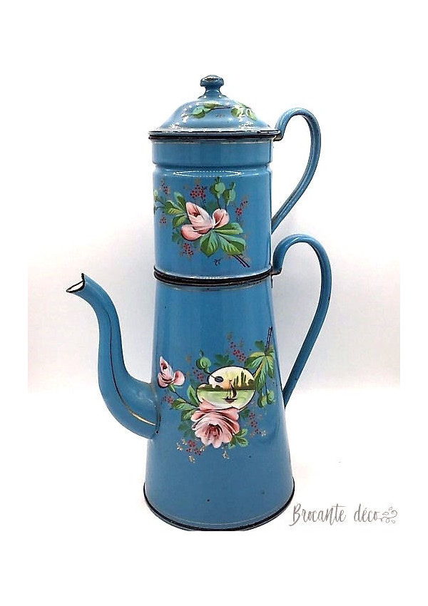 Large blue enamelled coffeepot with boat and roses decor