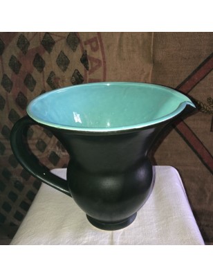 Ancien pichet noir et bleu turquoise en céramique année 50