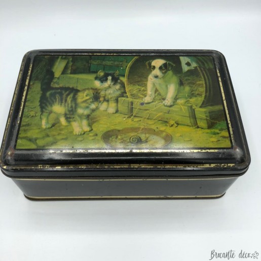 Old lithographed tin box with cats and dogs decor - Black