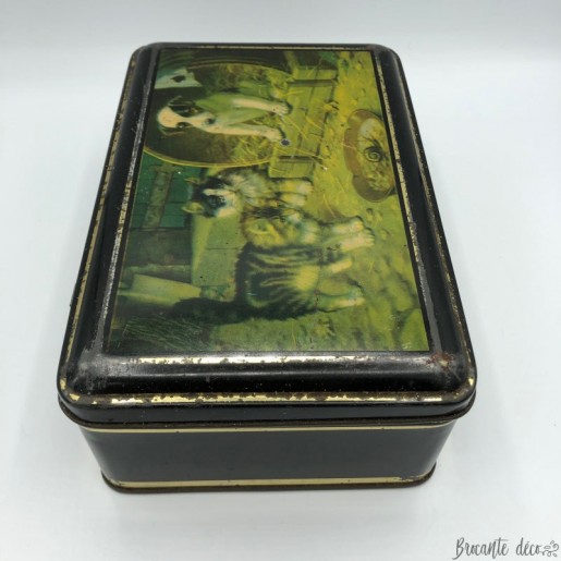 Old lithographed tin box with cats and dogs decor - Black