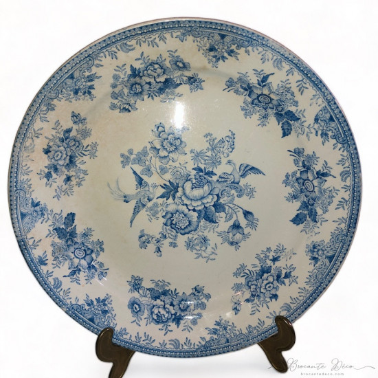 Old hollow dish decorated in floral blue monochrome and fittings