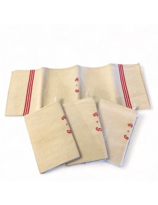 Lot de 4 torchons ancien bandes rouges et monogrammes brodés T.G