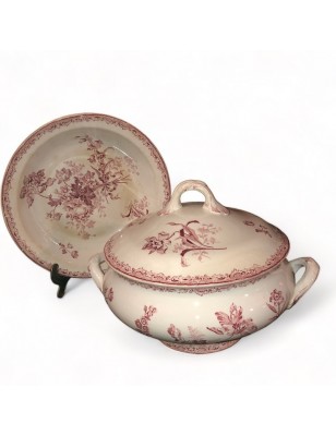 Soupière et plat Sarreguemines Fontanges France decor floral rose