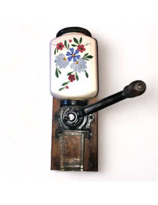 Old wall-mounted coffee grinder with floral decoration A.S Breveté S.G.D.G