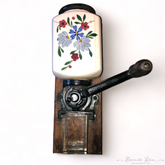 Old wall-mounted coffee grinder with floral decoration A.S Breveté S.G.D.G
