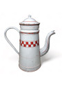 Old coffee maker in white enameled sheet metal with red checkerboard