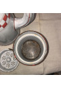 Old coffee maker in white enameled sheet metal with red checkerboard