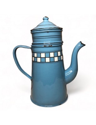 Old coffee maker in blue and white checkered enameled sheet metal
