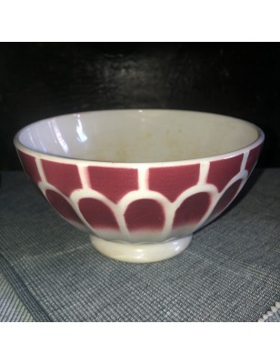 Ancien grand bol bordeaux et blanc à facettes Ø 15,2 cm