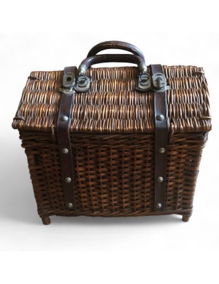 Ancien panier à goûter pique-nique en osier et cuir