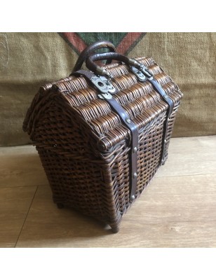 Ancien panier à goûter pique-nique en osier et cuir