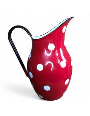 Pichet / Broc en tôle émaillée rouge à pois blancs