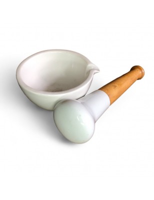 Ancien mortier et son pilon en bois et porcelaine