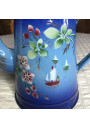 Old enameled sheet metal coffee pot with floral and boat decoration
