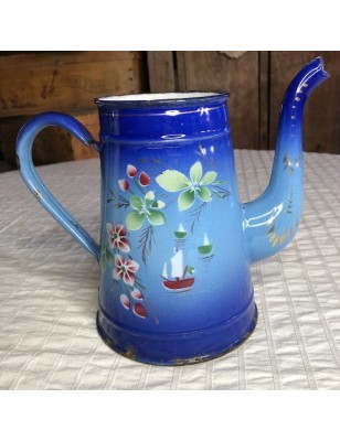 Old enameled sheet metal coffee pot with floral and boat decoration