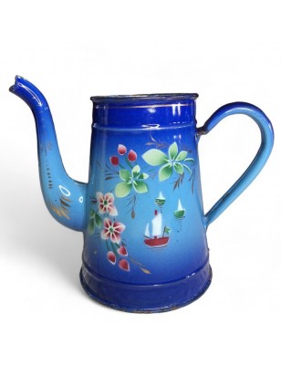 Old enameled sheet metal coffee pot with floral and boat decoration