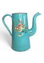 Ancienne cafetière en tôle émaillée bleue décor floral en relièf