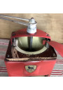 Old red Peugeot Frères coffee grinder in metal and wood