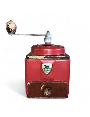 Ancien moulin à café Peugeot rouge Frères en métal et bois