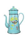 Old enameled metal coffee pot with bird and cherry decor