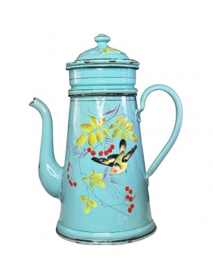 Old enameled metal coffee pot with bird and cherry decor