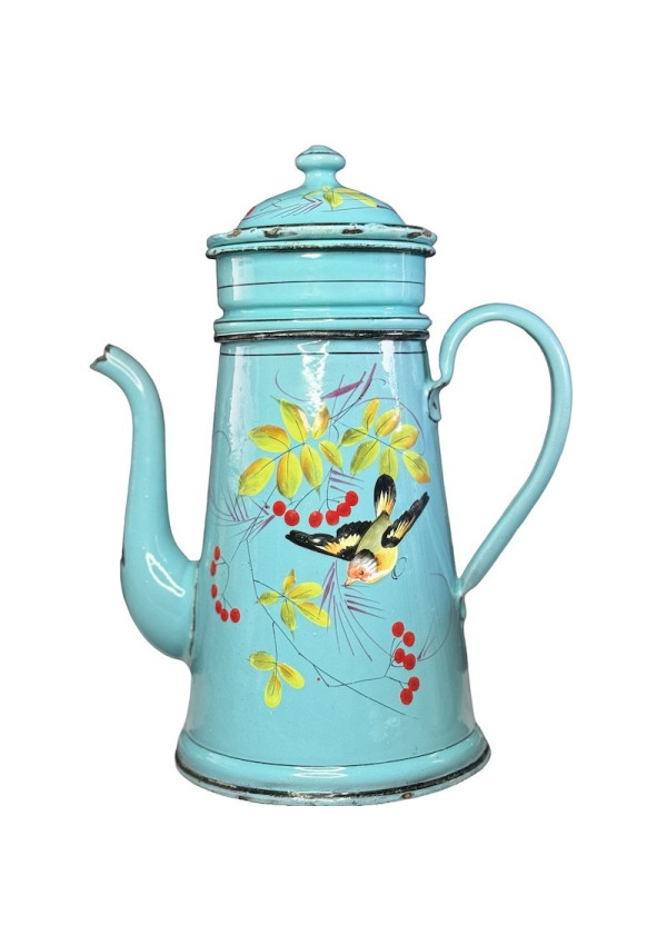 Old enameled metal coffee pot with bird and cherry decor