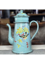 Ancienne cafetière en tole émaillée décor oiseau et cerises