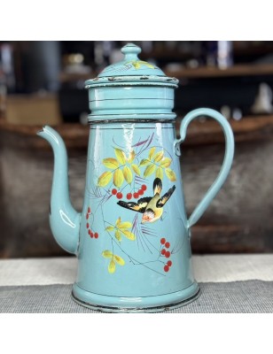 Old enameled metal coffee pot with bird and cherry decor