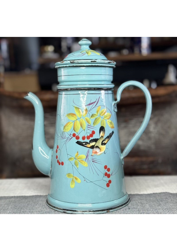 Old enameled metal coffee pot with bird and cherry decor