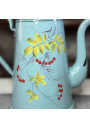 Ancienne cafetière en tole émaillée décor oiseau et cerises