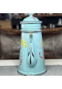Old enameled metal coffee pot with bird and cherry decor