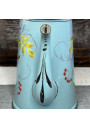 Old enameled metal coffee pot with bird and cherry decor