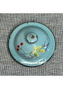 Old enameled metal coffee pot with bird and cherry decor