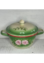 Old small enamelled sheet metal soup tureen with floral decoration