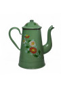 Ancienne cafetière en tôle émaillée verte décor floral en relièf