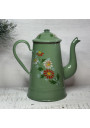 Ancienne cafetière en tôle émaillée verte décor floral en relief