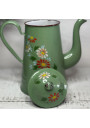 Ancienne cafetière en tôle émaillée verte décor floral en relief