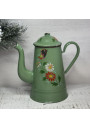 Ancienne cafetière en tôle émaillée verte décor floral en relief