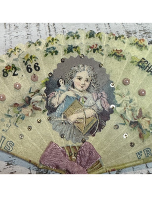 Antique pearl Sampler Fan | Girl Motif | | Paris France