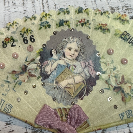 Antique pearl Sampler Fan | Girl Motif | | Paris France